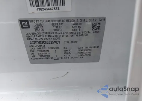 2016 GMC Sierra 1500 Sle z USA, uszkodzony, nr VIN 3GTU2MEC0GG254853